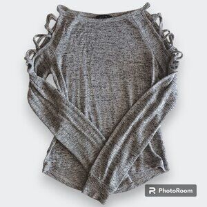 Light Gray Sweater Long Sleeve w/ Open Lace Cross Sleeve SHEIN Womens M